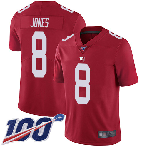 Men New York Giants 8 Daniel Jones Red Limited Red Inverted Legend 100th Season Football NFL Jersey